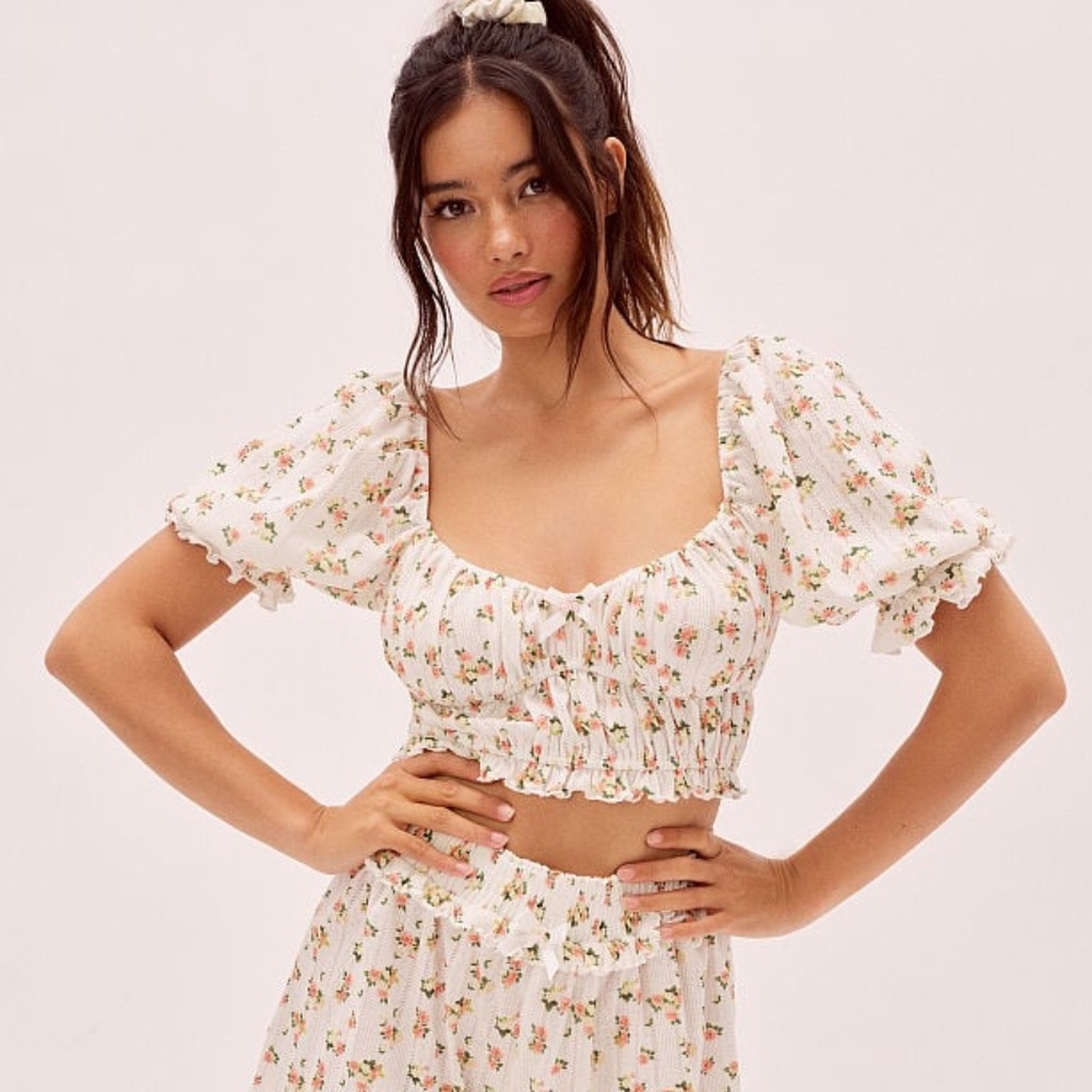 For Love And Lemons Lola Pointelle Crop Top White Floral XL NEW